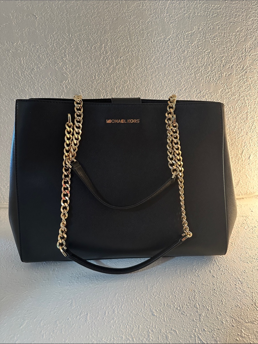 Michael Kors Black Leather Tote with Gold Chain Strap
